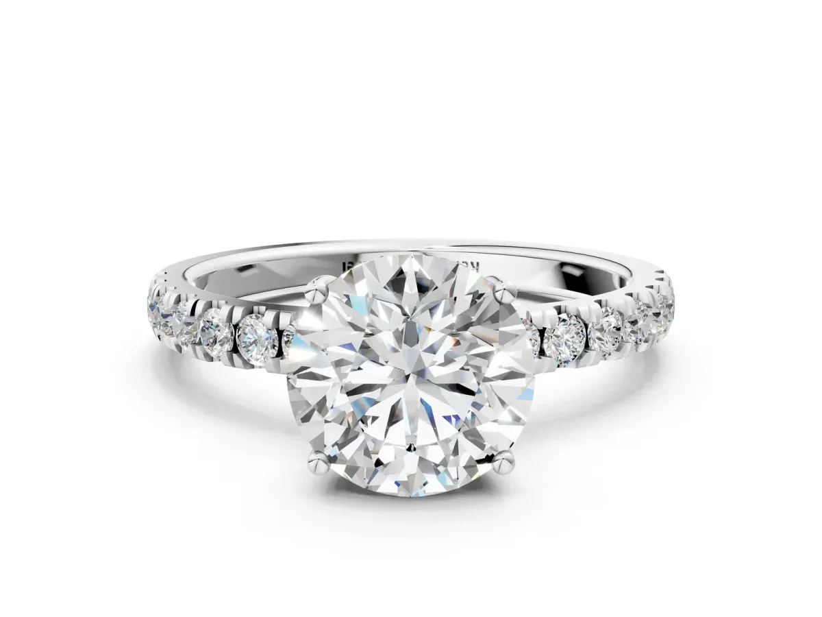 Round Cut Diamond Pave Band Solitaire Ring with Round and Prong Setting Platinum