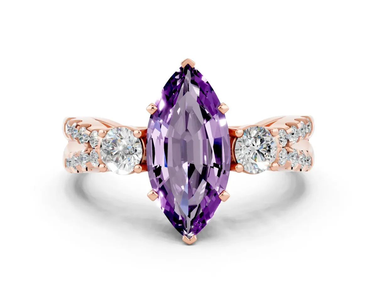 Marquise Cut Amethyst Three-Stone Ring with Pavé Split Shank and Four-Prong Setting Rose gold