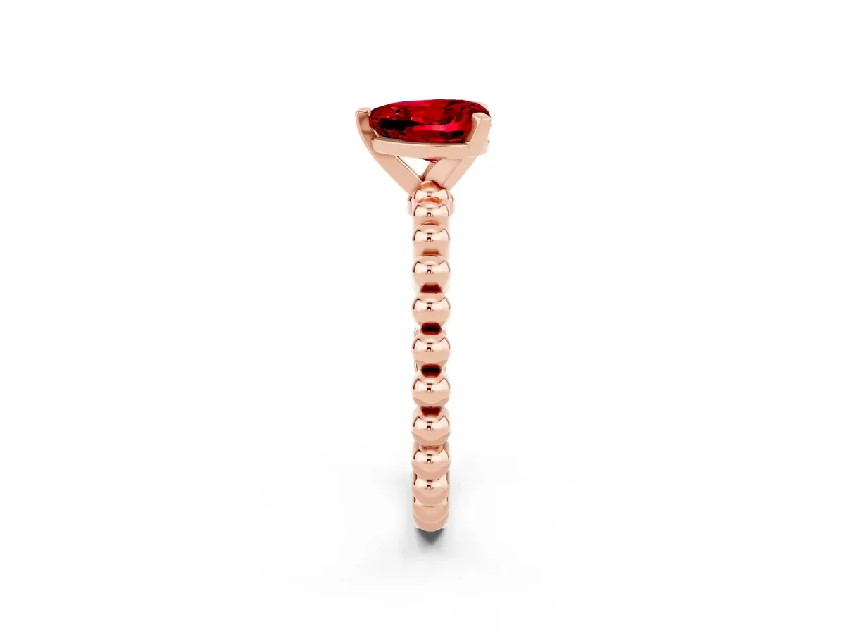 Heart Cut Ruby Solitaire Ring with Beaded Band and Prong Setting Rose gold