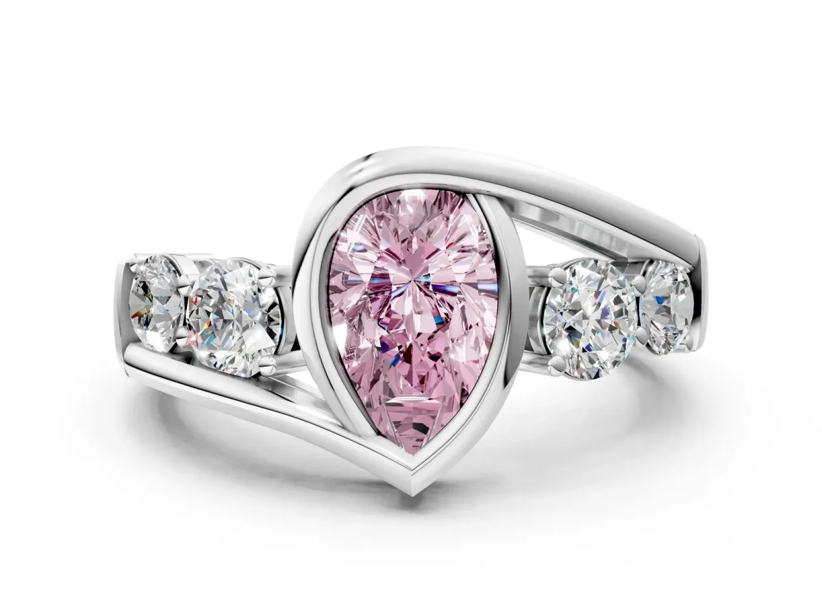 Fancy Pink Bezel Set Pear Cut Diamond Bypass Ring with Round Accents Platinum