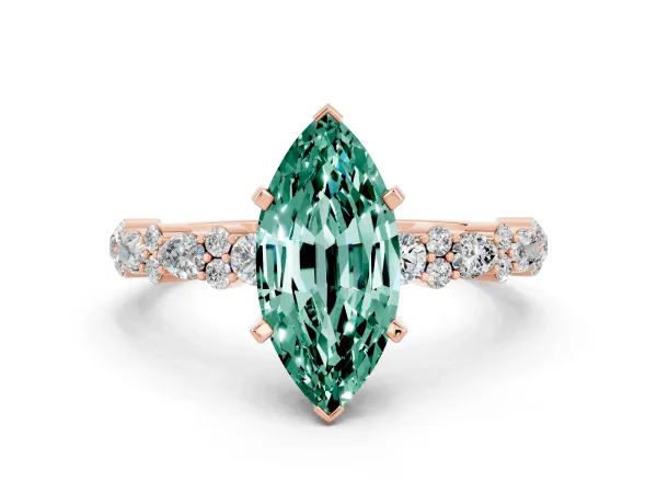 Marquise Cut Green Sapphire Side Stone Solitaire Ring with Round and Four-Prong Setting Rose gold