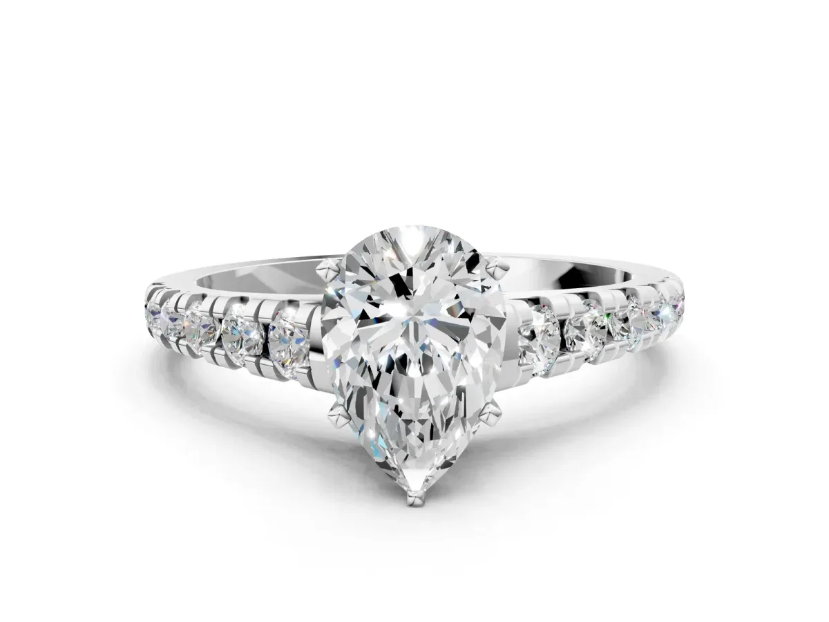 Pear Cut Diamond Cathedral Solitaire Ring with Round Pavé Band Platinum