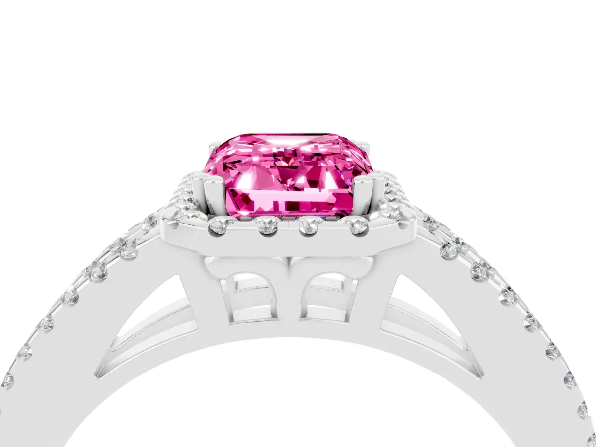 Emerald Cut Pink Sapphire Halo Split Shank Engagement Ring Platinum