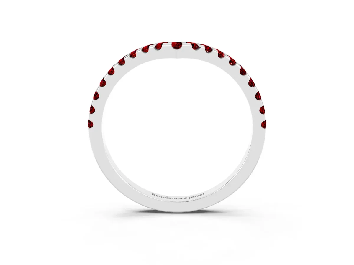 Pavé Round Ruby Chevron Band with Shared Prong Setting White gold