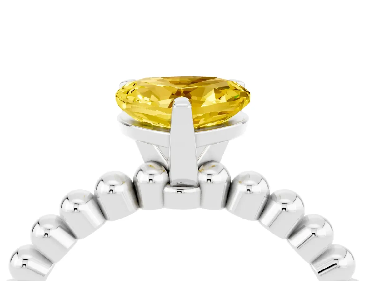 Heart Cut Yellow Sapphire Solitaire Ring with Beaded Band and Prong Setting Silver