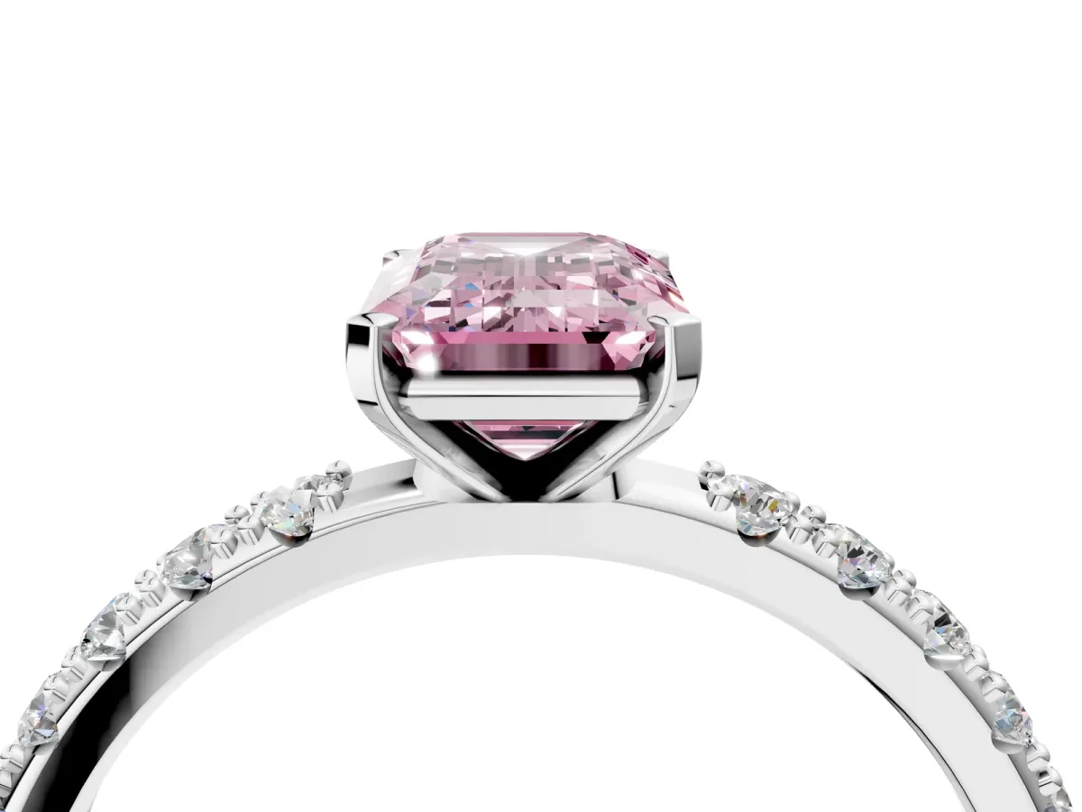 Fancy Pink Emerald Cut Diamond Solitaire Pavé Band with Four-Prong Setting Platinum