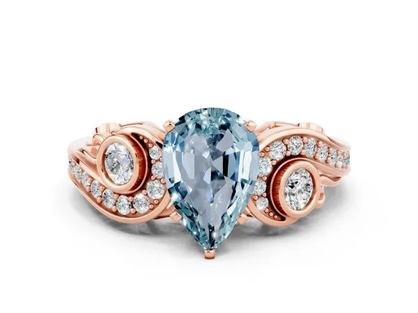 Pear Cut Aquamarine Solitaire Ring with Milgrain Pavé Band and Four-Prong Setting Rose gold
