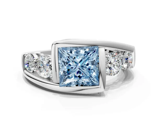 Fancy Blue Bezel Set Princess Cut Diamond Bypass Ring with Round Accents Platinum
