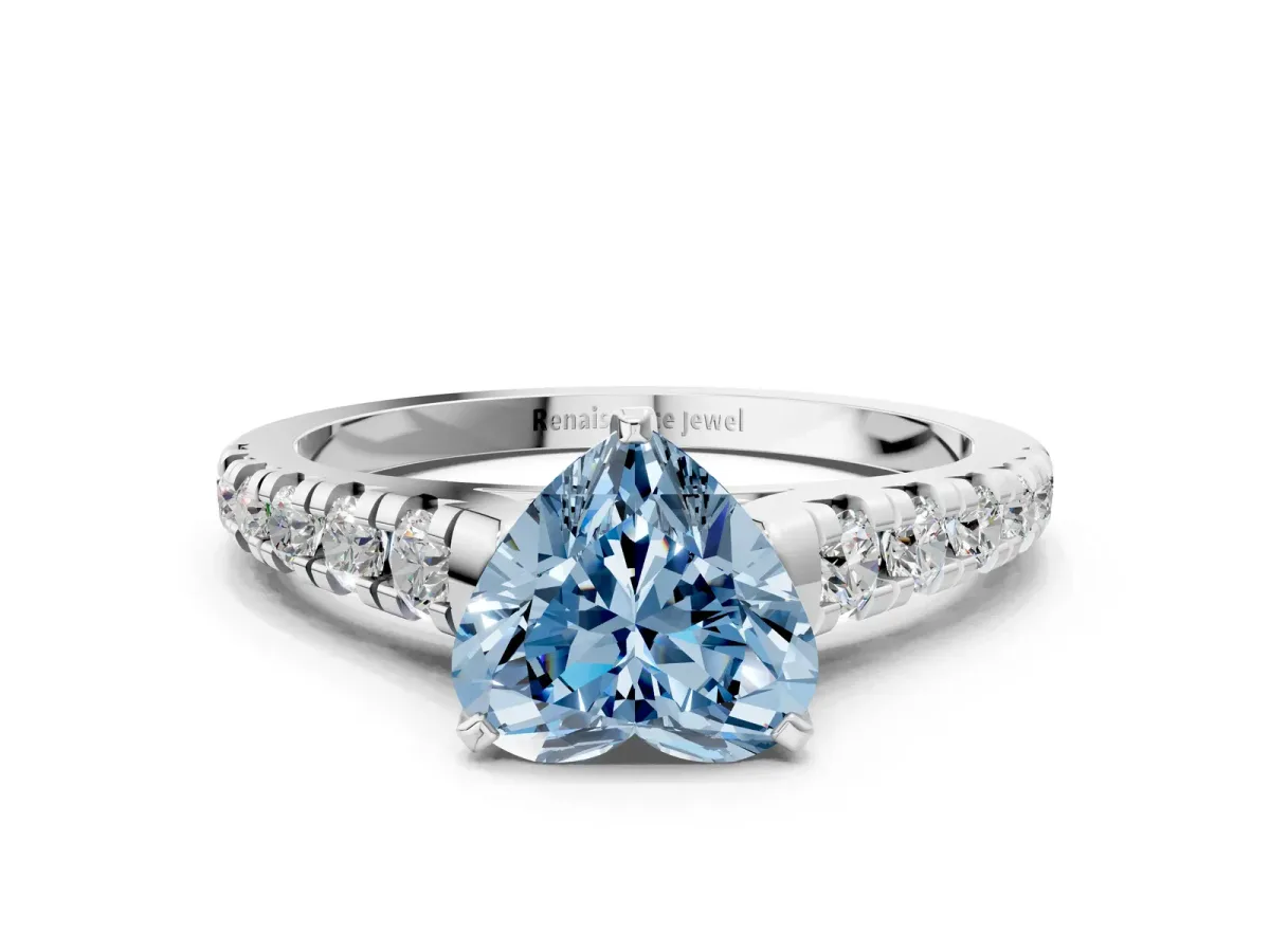 Fancy Blue Heart Cut Diamond Cathedral Solitaire Ring with Round Pavé Band Silver