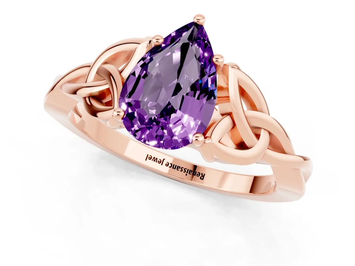 Pear Cut Amethyst Solitaire Celtic Knot Ring with Four-Prong Setting Rose gold
