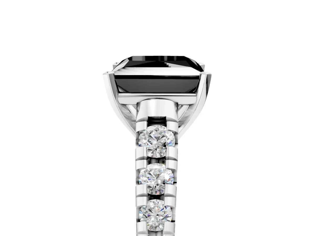 Fancy Black Princess Cut Diamond Cathedral Solitaire Ring with Round Pavé Band Silver