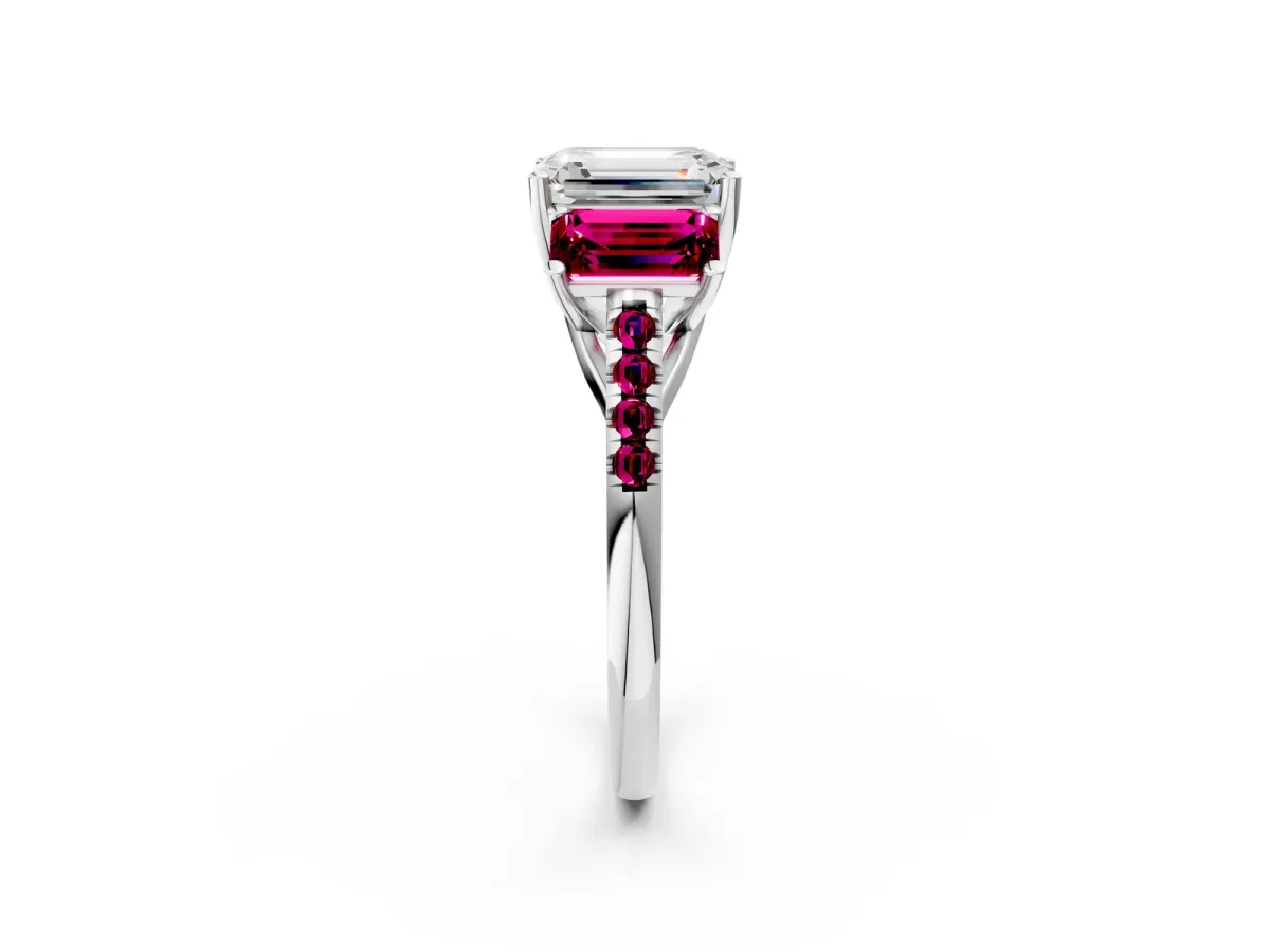 Three-Stone Emerald Cut Diamond Ring with Round Garnet Pavé Band and Prong Setting Platinum