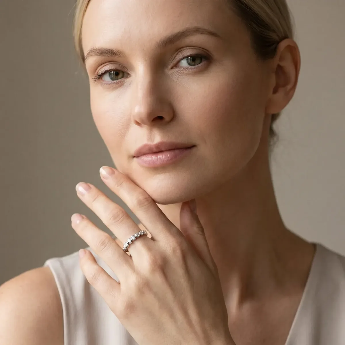 Beaded Round Stone Eternity Band with Bezel Setting Silver