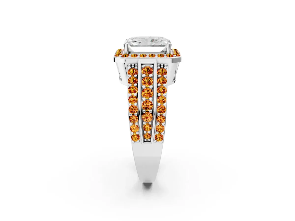 Radiant Cut Halo Diamond Ring with Round Citrine Split Shank and Prong Setting Silver