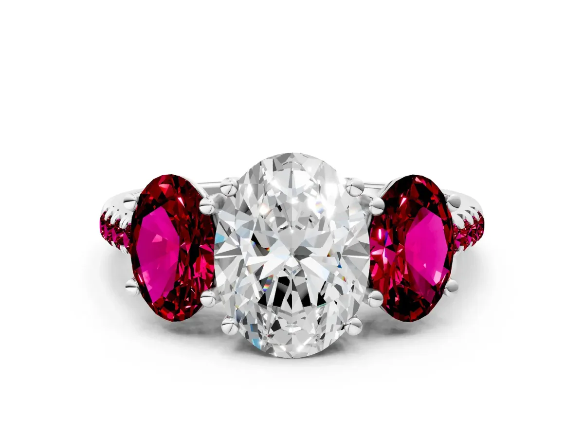 Three-Stone Oval Cut Diamond Ring with Round Garnet Pavé Band and Prong Setting Silver