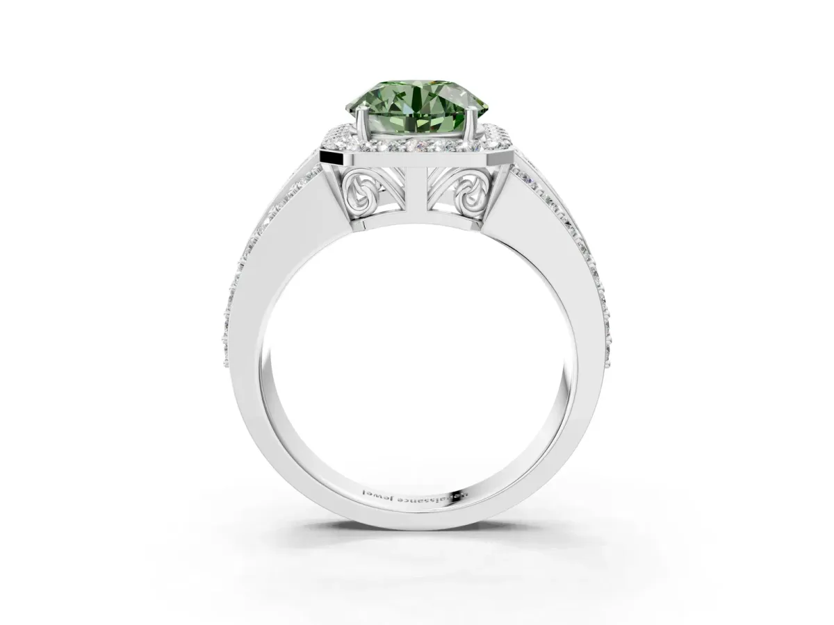 Fancy Green Round Cut Halo Diamond Ring with Round Split Shank and Prong Setting Platinum