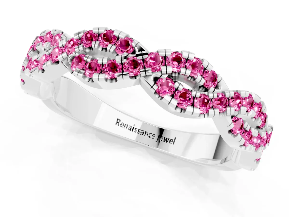Round Pink Sapphire Twisted Eternity Band with Pavé and Shared Prong Setting Platinum