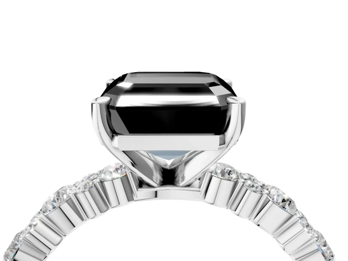 Fancy Black Asscher Cut Diamond Side Stone Solitaire Ring with Round and Four-Prong Setting White gold