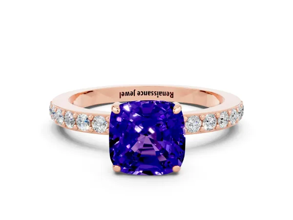Cushion Cut Tanzanite Solitaire Engagement Ring with Pavé Band and Four-Prong Setting Rose gold