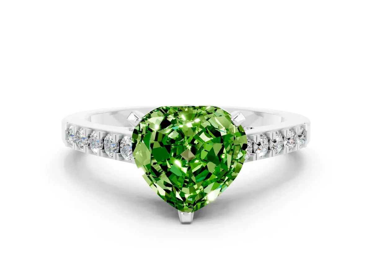 Heart Cut Peridot Solitaire Ring with Crossover Gallery and Round Pavé Band Silver