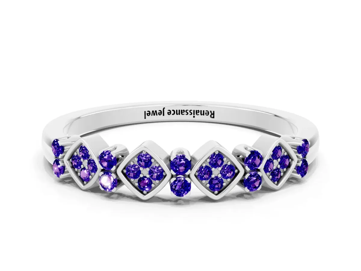 Pavé Cushion Tanzanite Cluster Eternity Band with Prong Setting Silver