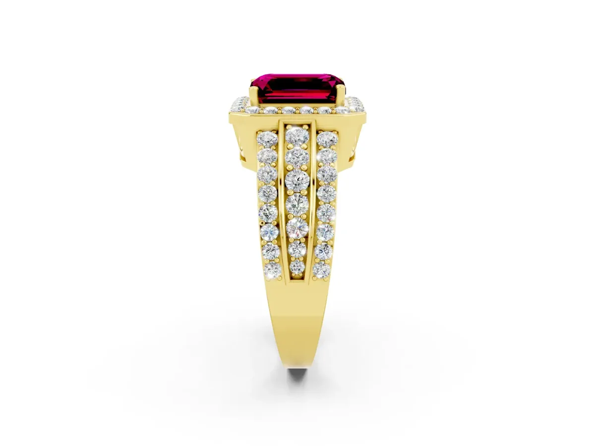 Emerald Cut Halo Garnet Ring with Round Split Shank and Prong Setting Yellow gold