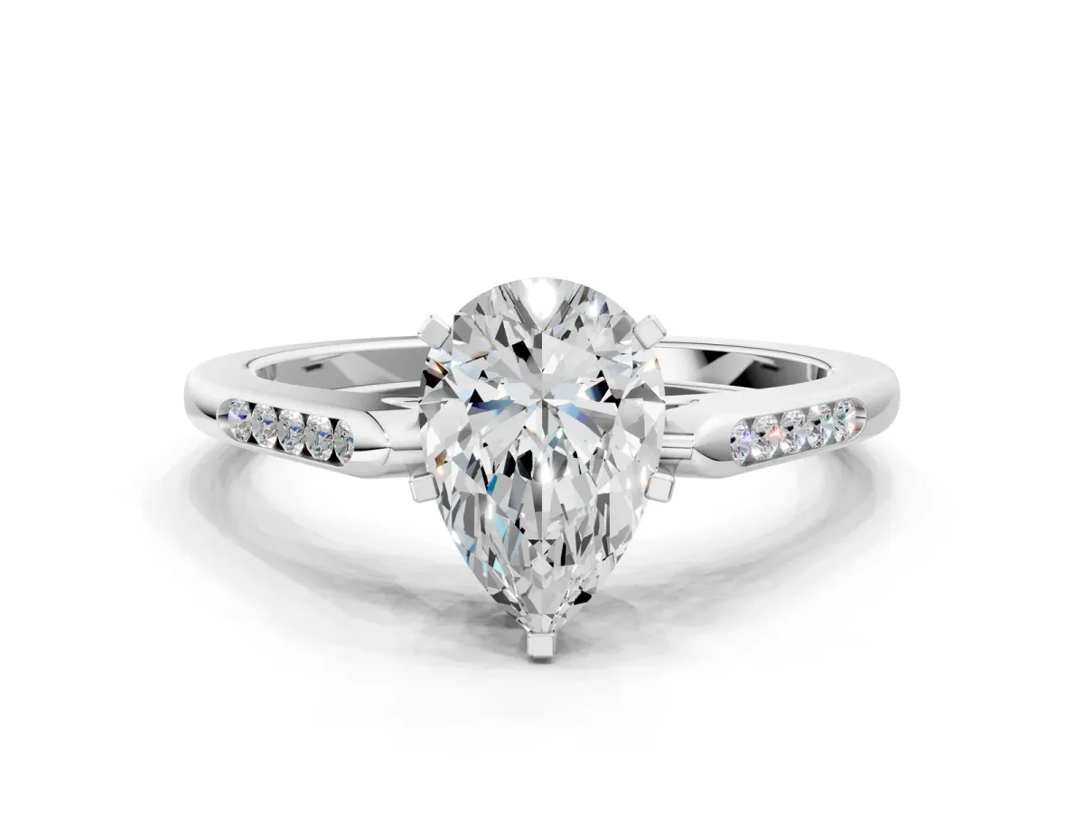 Pear Cut Diamond Solitaire Ring with Channel Set Round Band and Prong Setting Silver