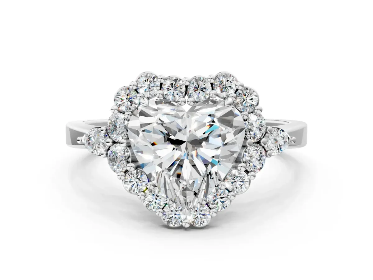 Heart Cut Diamond Halo Ring with Pear Side Stones and Prong Setting Silver