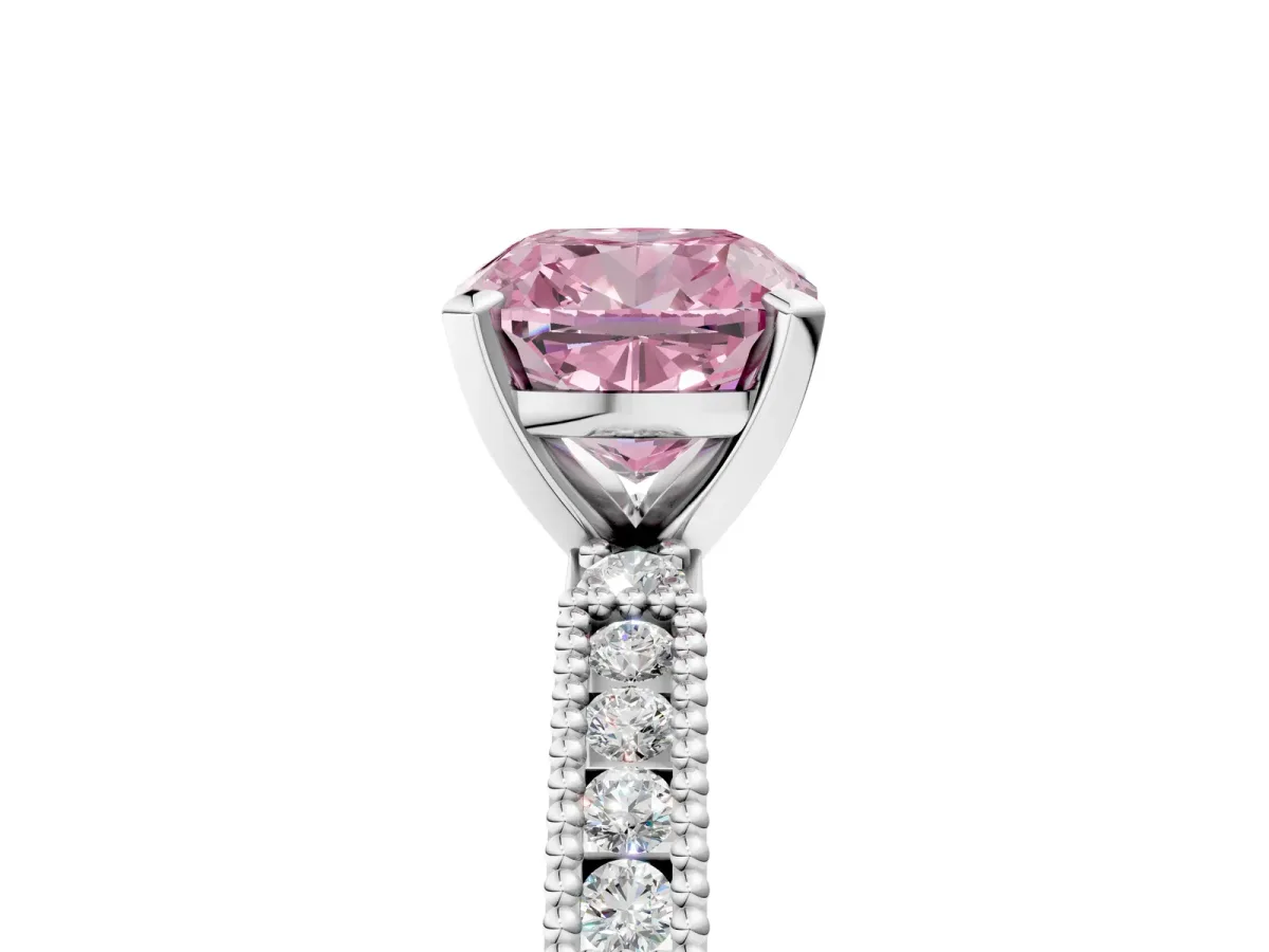Fancy Pink Cushion Cut Solitaire with Pavé Band and Four-Prong Setting Silver