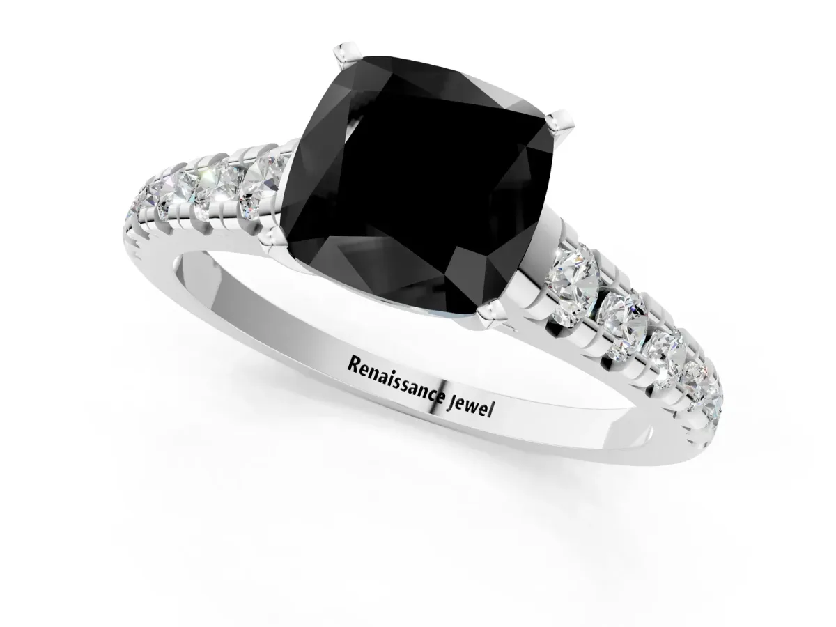 Fancy Black Cushion Cut Diamond Cathedral Solitaire Ring with Round Pavé Band Silver
