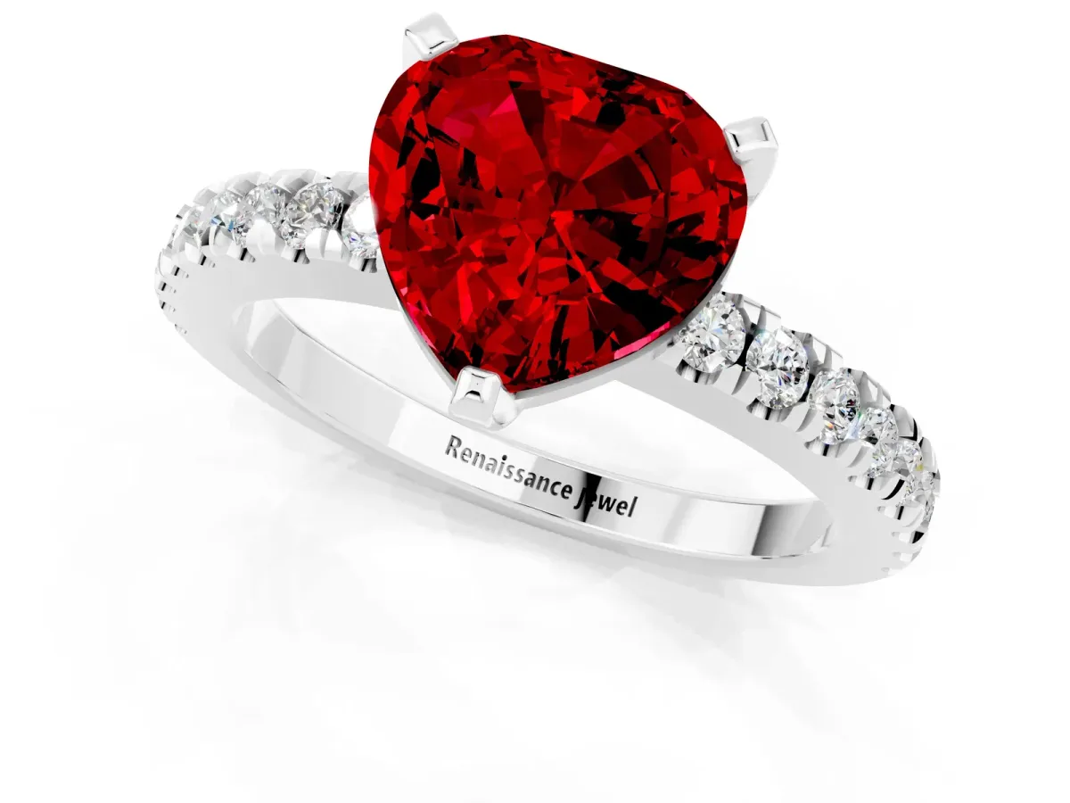 Heart Cut Solitaire Ruby with Pavé Band and Four-Prong Setting Silver