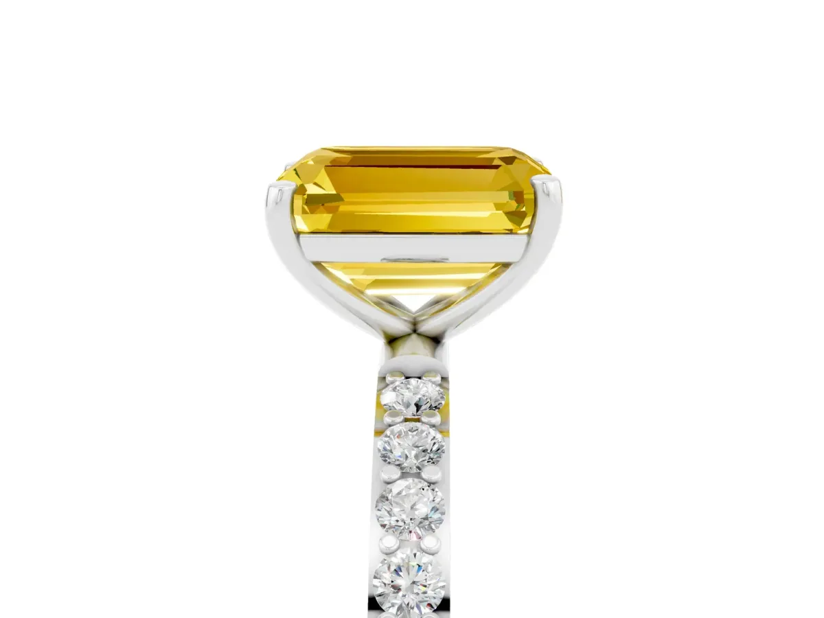 Emerald Cut Yellow Sapphire Solitaire Ring with Round Pavé Shoulders and Prong Setting Silver