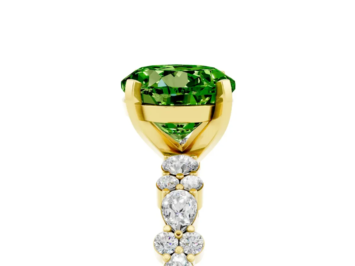 Round Cut Peridot Side Stone Solitaire Ring with Round and Four-Prong Setting Yellow gold