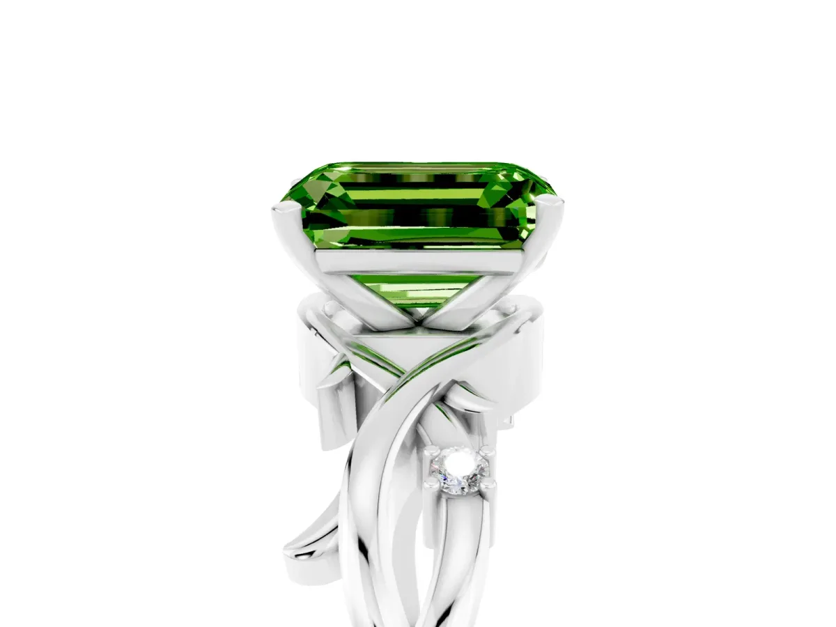 Emerald Cut Peridot Solitaire Ring with Twisted Band and Prong Setting Platinum