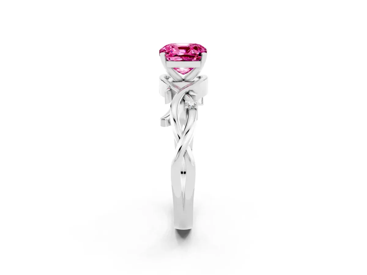 Cushion Cut Pink Sapphire Solitaire Ring with Twisted Band and Prong Setting Silver