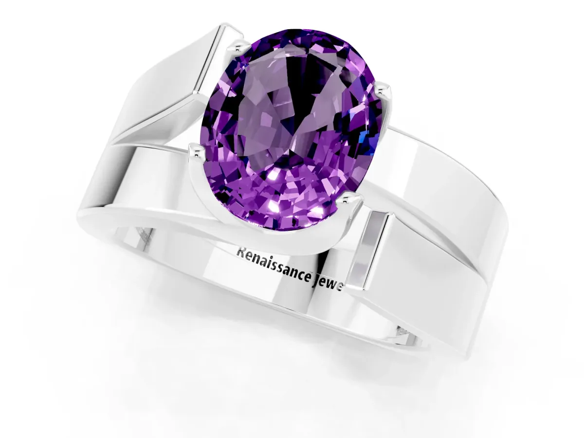 Modern Tension Set Oval Cut Amethyst Solitaire Wide Band Ring Silver