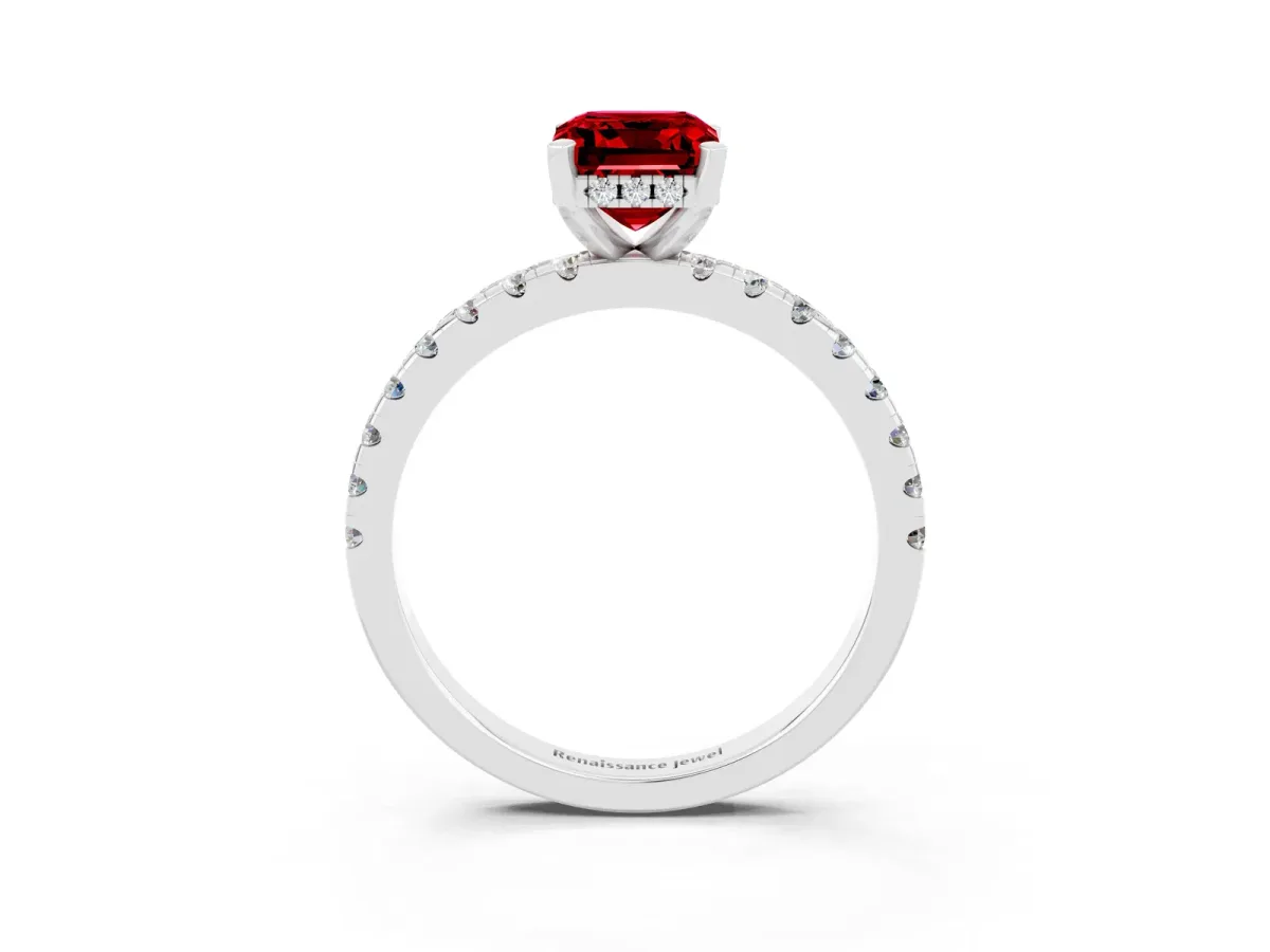 Emerald Cut Ruby Solitaire Ring with Round Pavé Band and Four-Prong Setting Silver