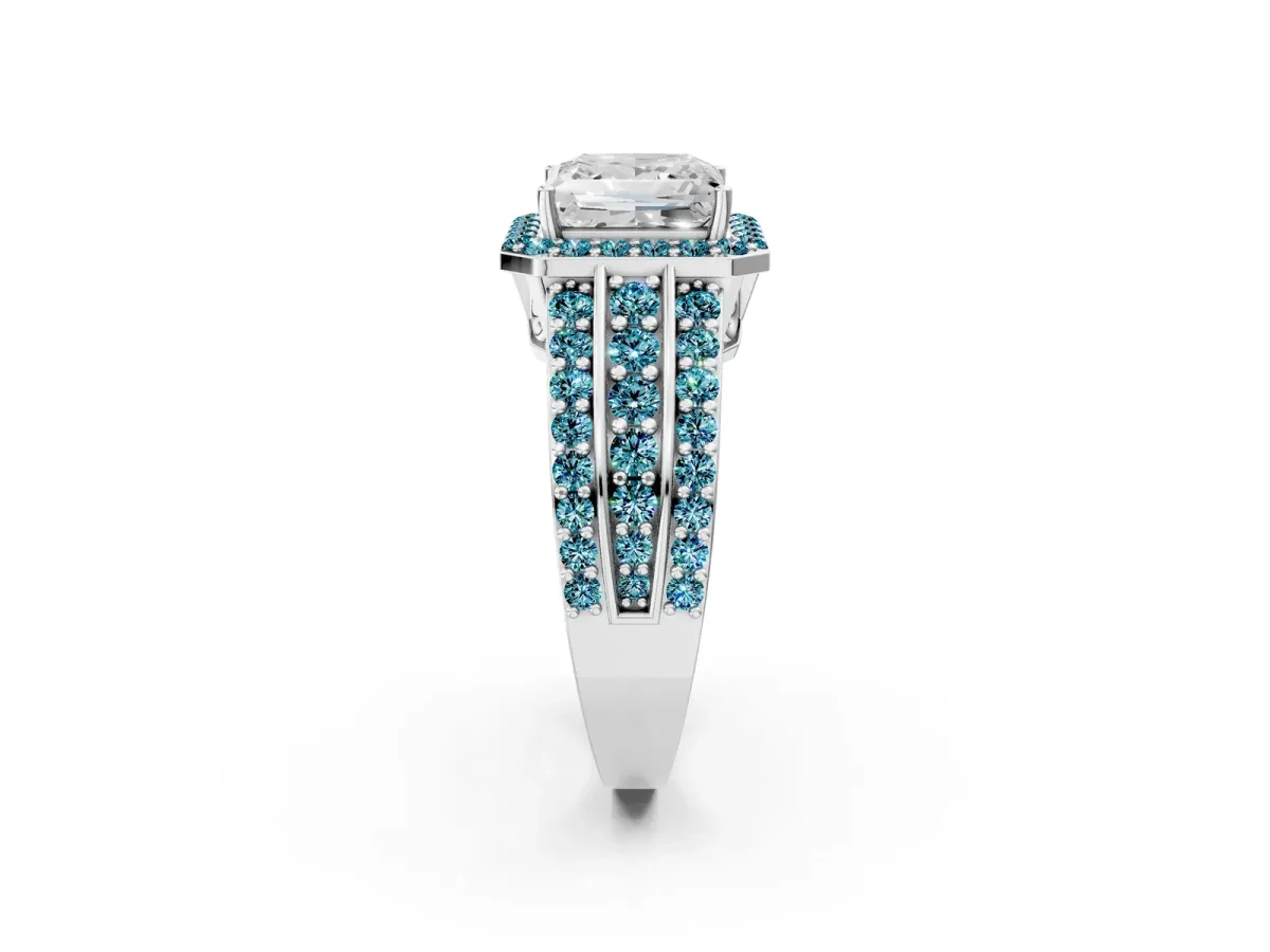 Princess Cut Halo Diamond Ring with Round Blue Topaz Split Shank and Prong Setting Silver