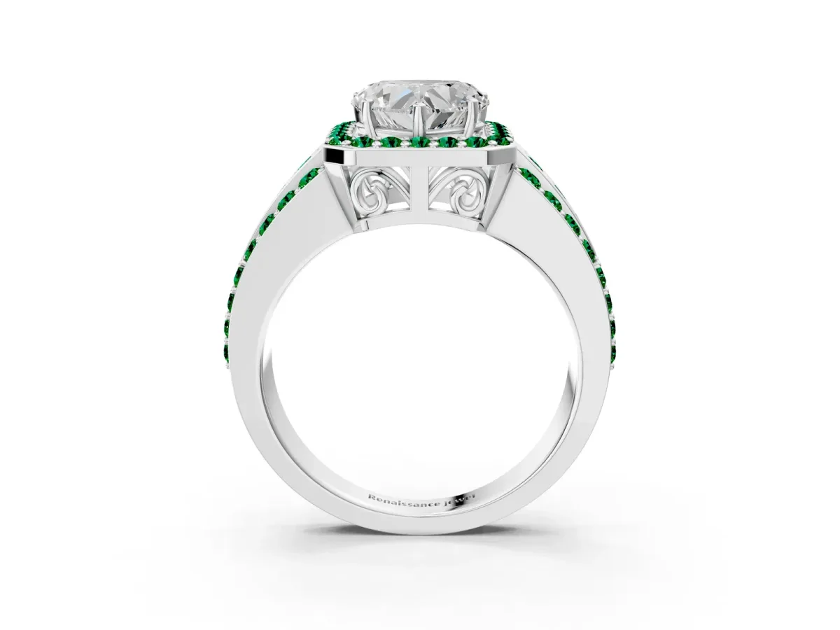 Heart Cut Halo Diamond Ring with Round Emerald Split Shank and Prong Setting Platinum