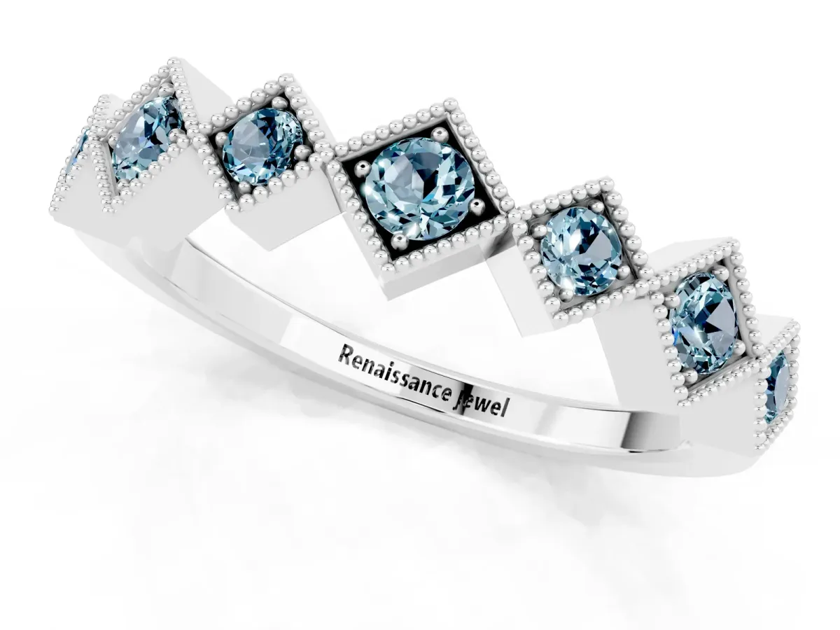 Milgrain Square Bezel Round Aquamarine Chevron Band Platinum