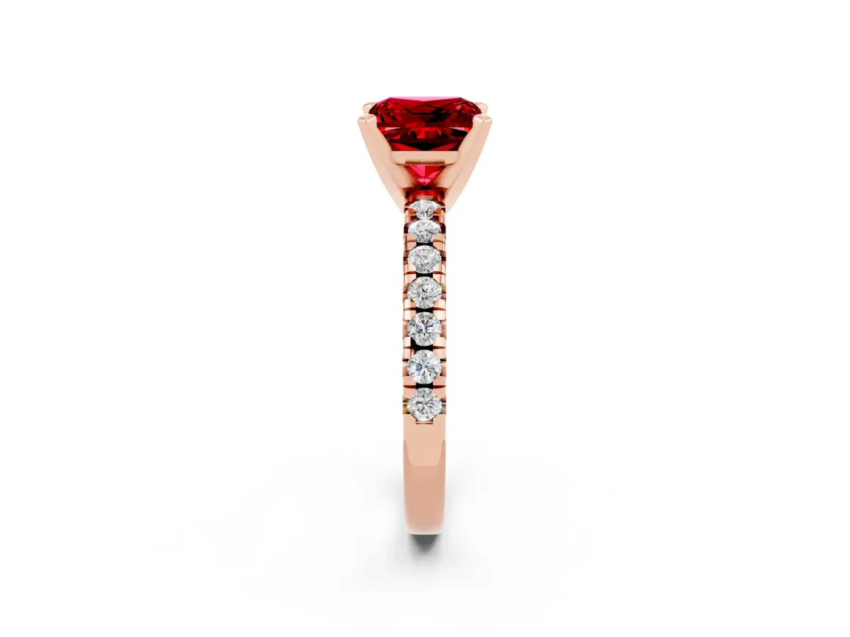 Princess Cut Ruby Solitaire Pavé Engagement Ring with Round Band and Prong Setting Rose gold