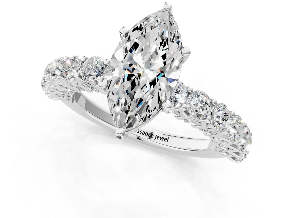 Marquise Cut Diamond Solitaire Ring with Shared Prong Pavé Band and Four-Prong Setting Silver