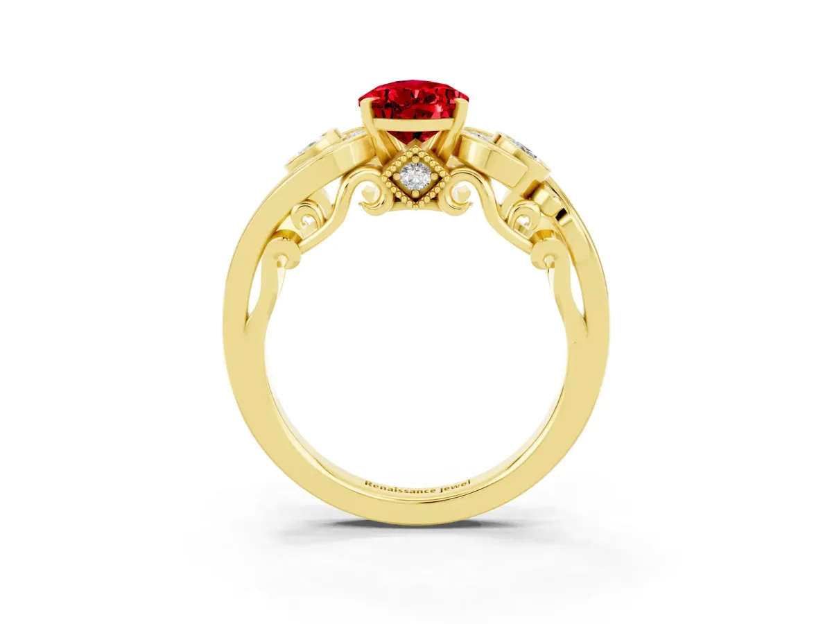 Pear Cut Ruby Solitaire Ring with Milgrain Pavé Band and Four-Prong Setting Yellow gold