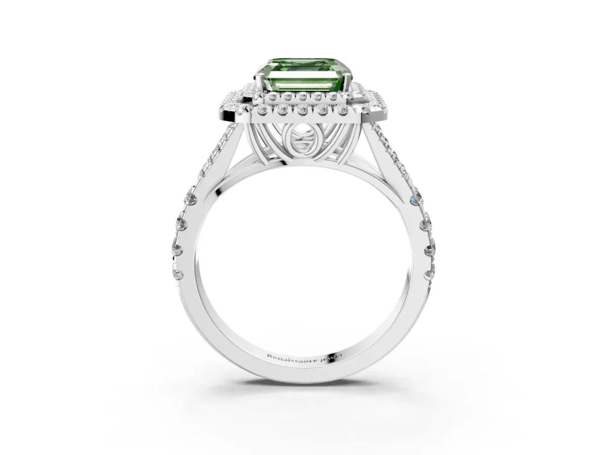 Fancy Green Asscher Cut Cut Double Halo Split Shank Diamond Ring with Prong Setting Platinum