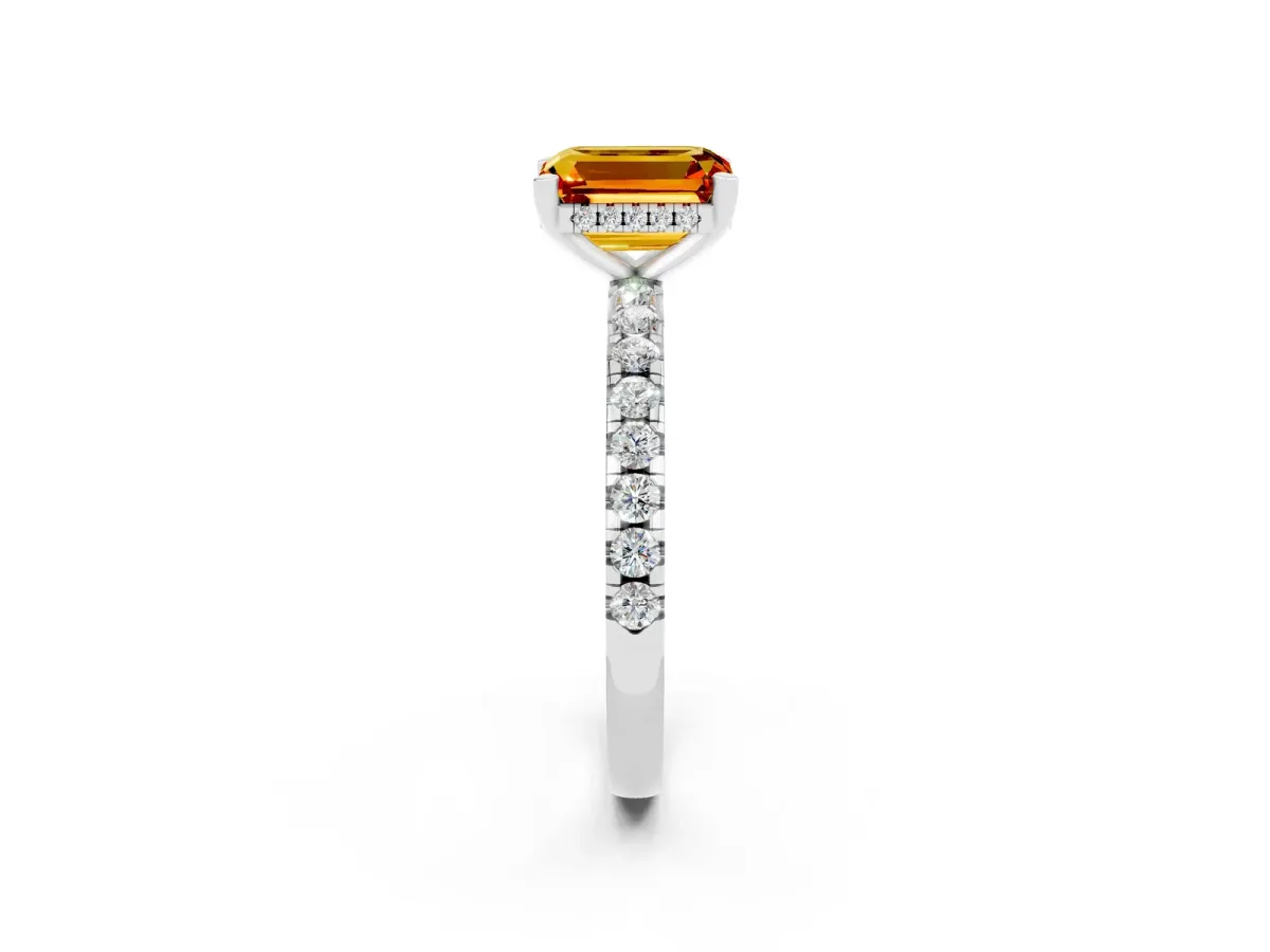 Emerald Cut Citrine Solitaire Ring with Round Pavé Band and Four-Prong Setting Platinum