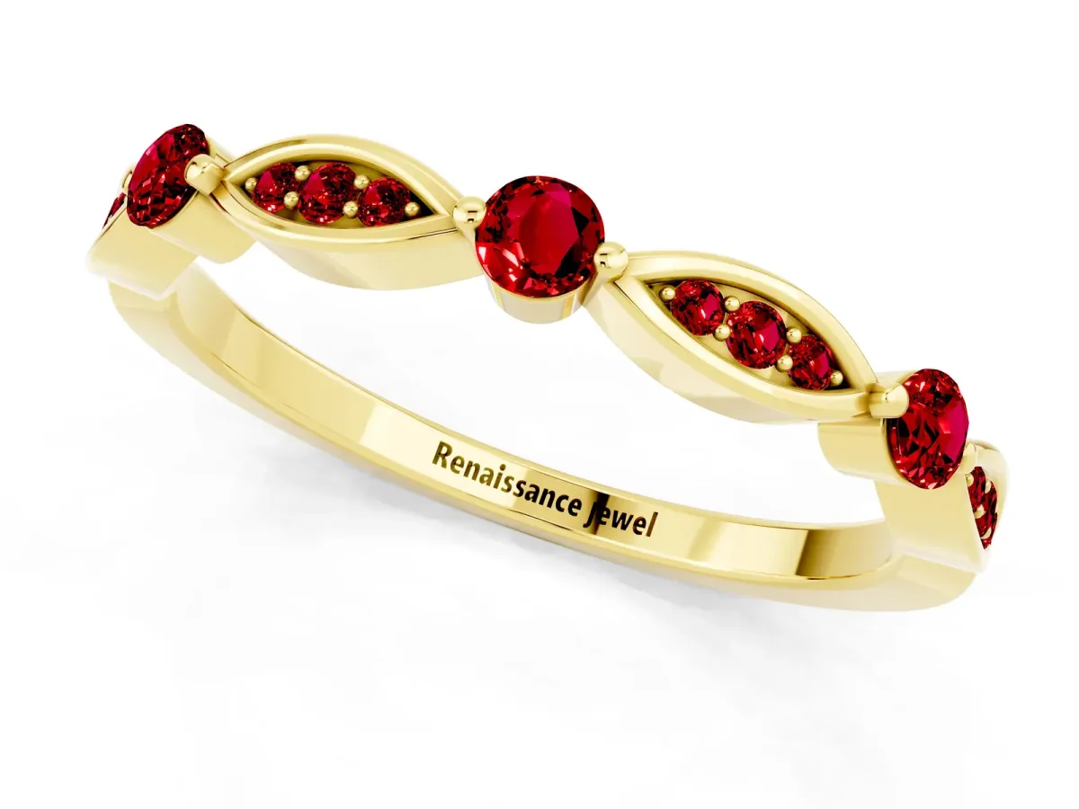 Marquise and Round Ruby Milgrain Band with Bezel Setting Yellow gold