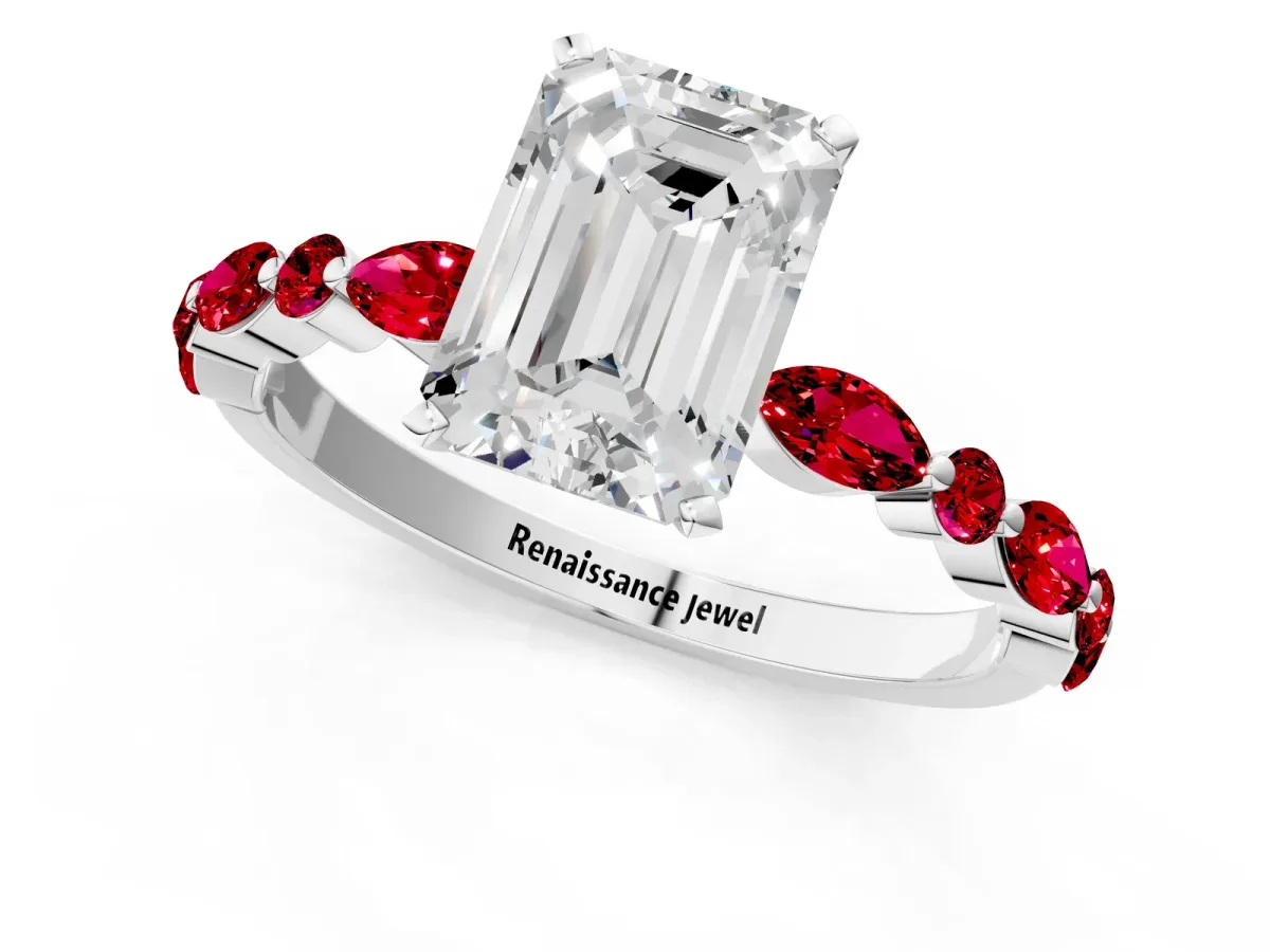 Emerald Cut Diamond Ring with Marquise and Round Ruby Side Stones and Four-Prong Setting Silver