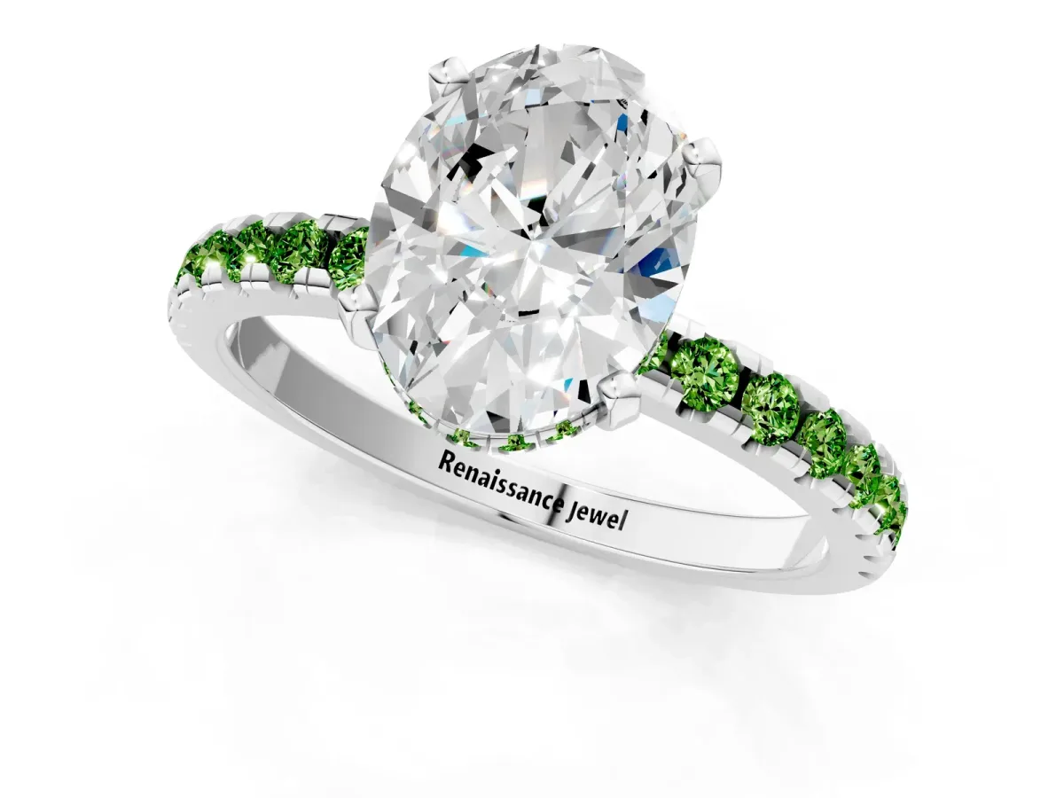 Oval Cut Diamond Solitaire Ring with Round Peridot Pavé Band and Four-Prong Setting Silver