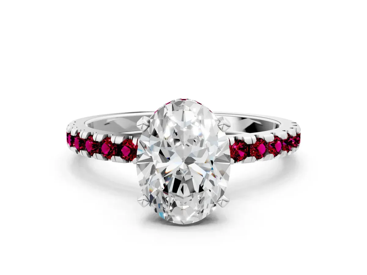 Oval Cut Diamond Solitaire Ring with Round Garnet Pavé Band and Four-Prong Setting Silver