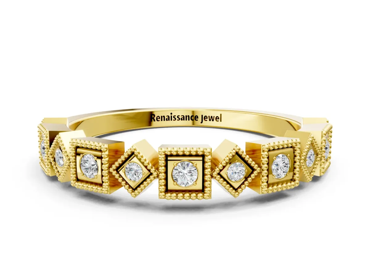 Milgrain Square Diamond Eternity Band with Bezel Setting Yellow gold